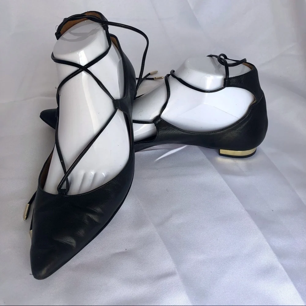 Aquazzura Christy Lace-Up Flats Black Leather 37.5